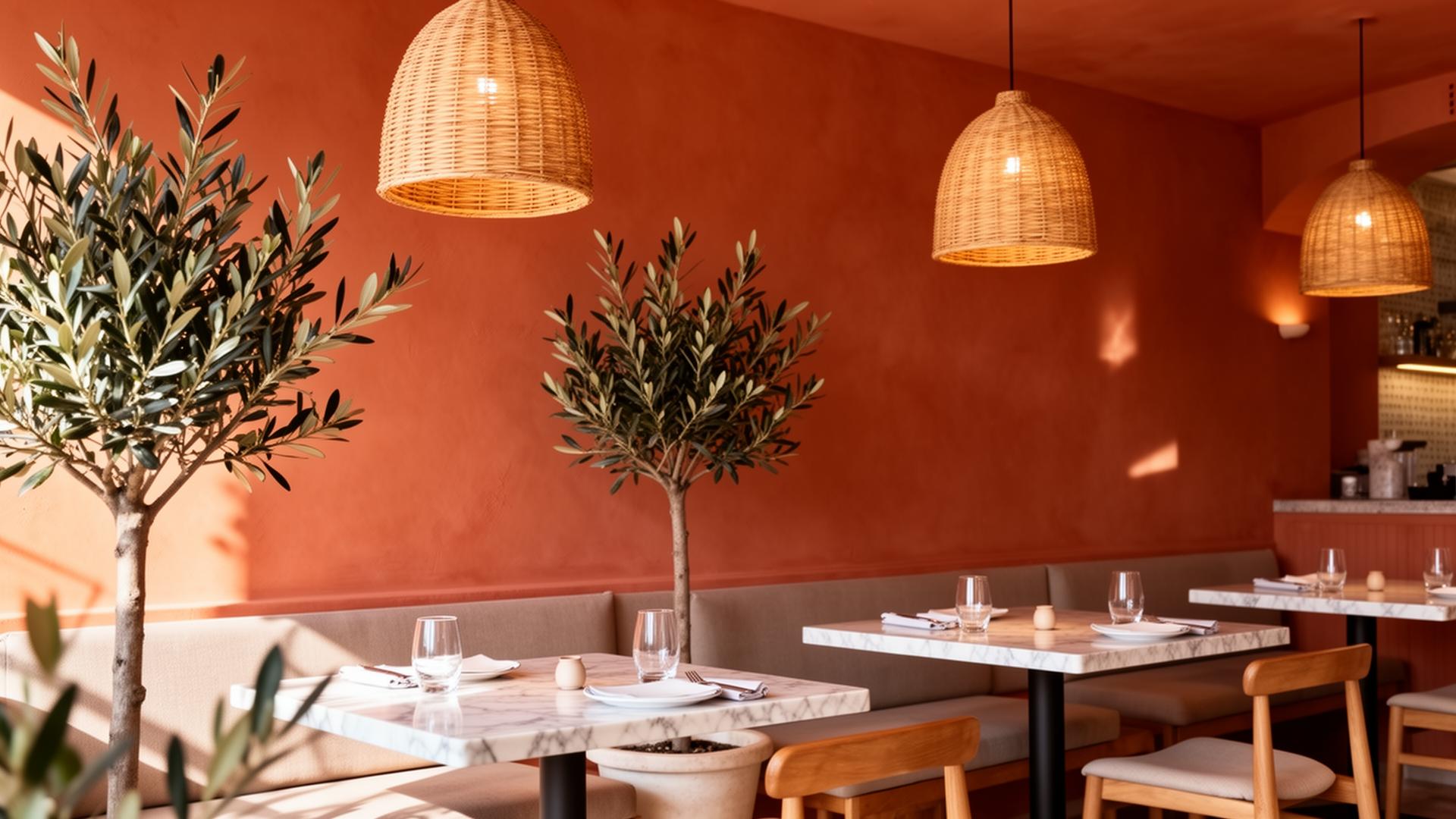 Salle ÉTAT DAME avec murs terracotta, tables en marbre et plantes