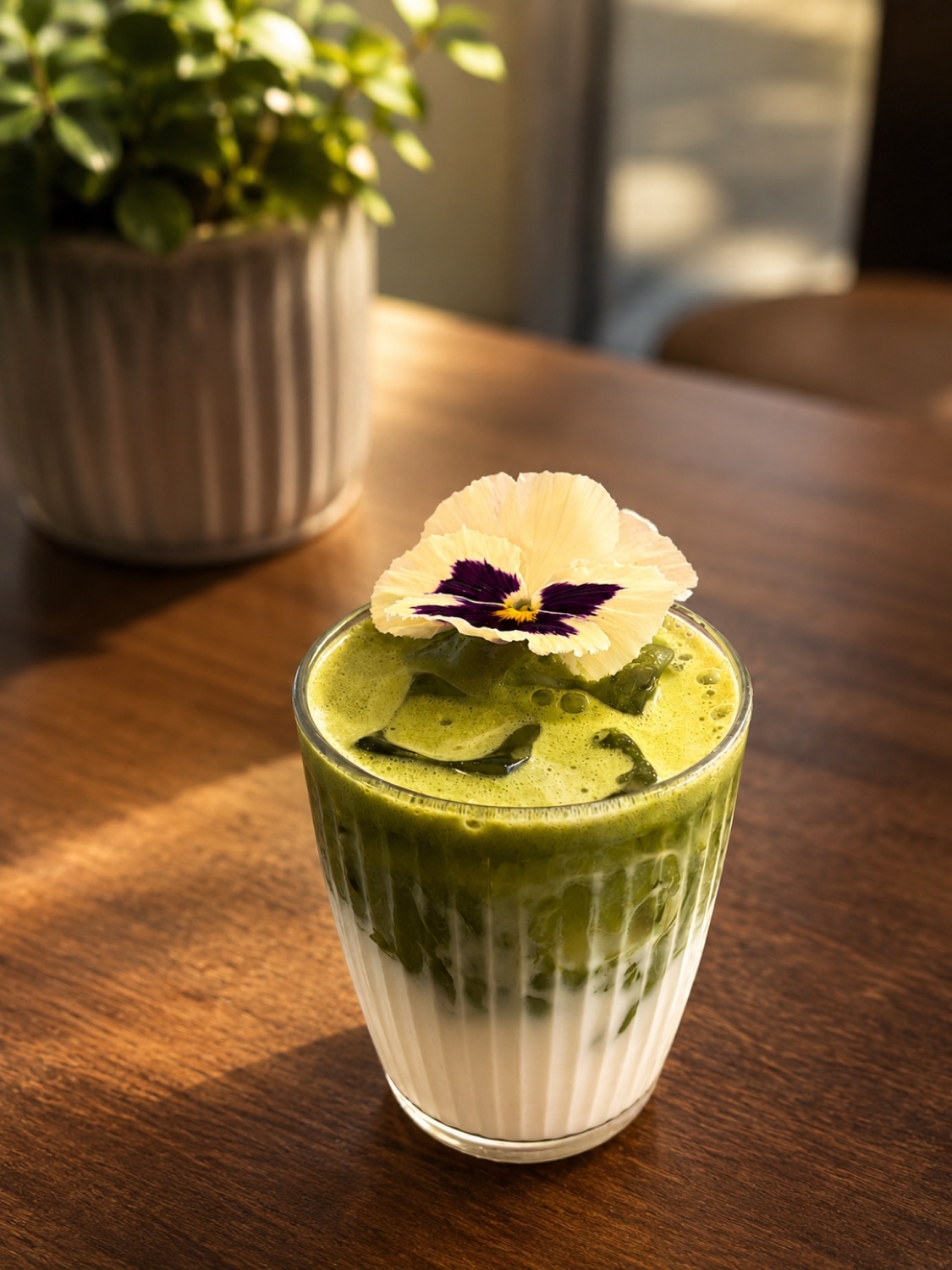 Matcha latte glacé servi avec une fleur